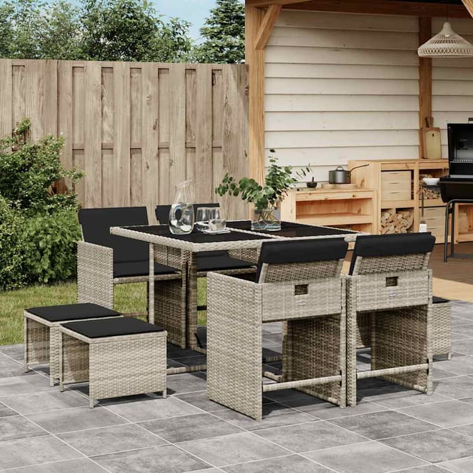 vidaXL - 9-delige - Tuinset - met - kussens - poly - rattan - lichtgrijs