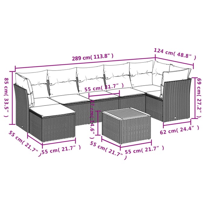 vidaXL - 8-delige - Loungeset - met - kussens - poly - rattan - zwart