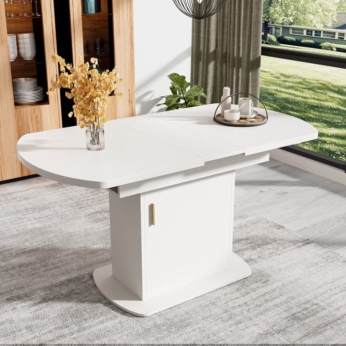 KOMHTOM Eettafel Uitschuifbare Ovale met Opbergruimte Gouden Handvat Multifunctioneel Wit