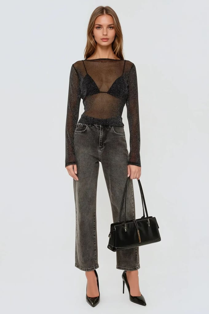 Glitter Lange Mouwen Transparante Top