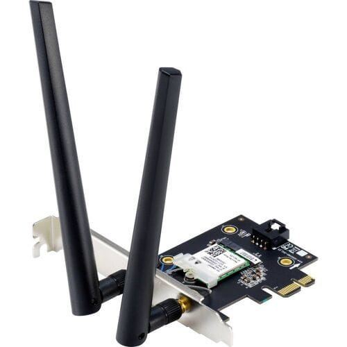 ASUS PCE-BE6500 WiFi 7 PCI-E Adapter with 2 external antennas. Supporting 6GHz band 4096-QAM Bluetooth 5.4 WPA3