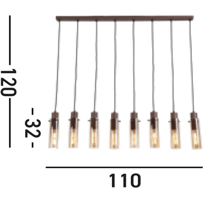 Searchlight Sweden II hanglamp, 8-lamps, lang, staal, glas, E27