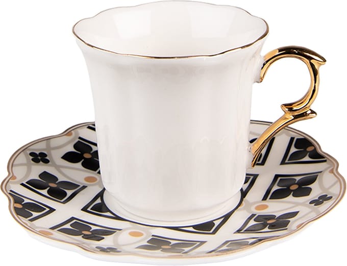 Clayre & Eef Kop en Schotel 95 ml Wit Zwart Porselein