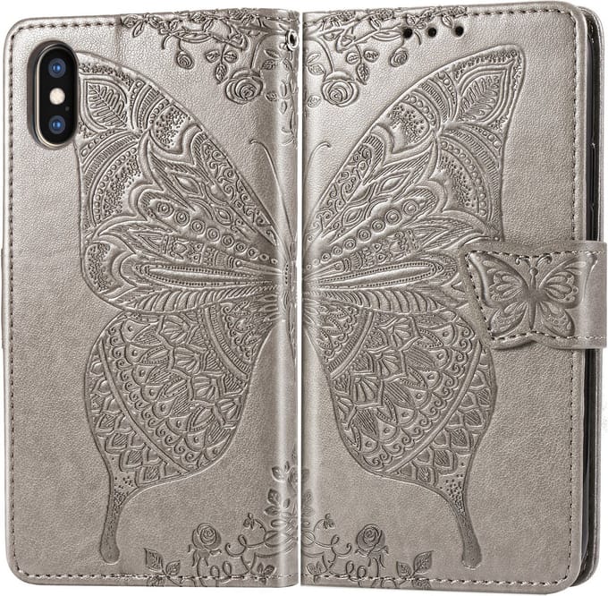 Bookcase geschikt voor Apple iPhone XR - Grijs - Vlinder - Portemonnee Hoesje