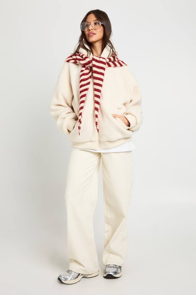 boohoo Dames Capuchon Teddy Ritsjack | Ecru | Maat: 14