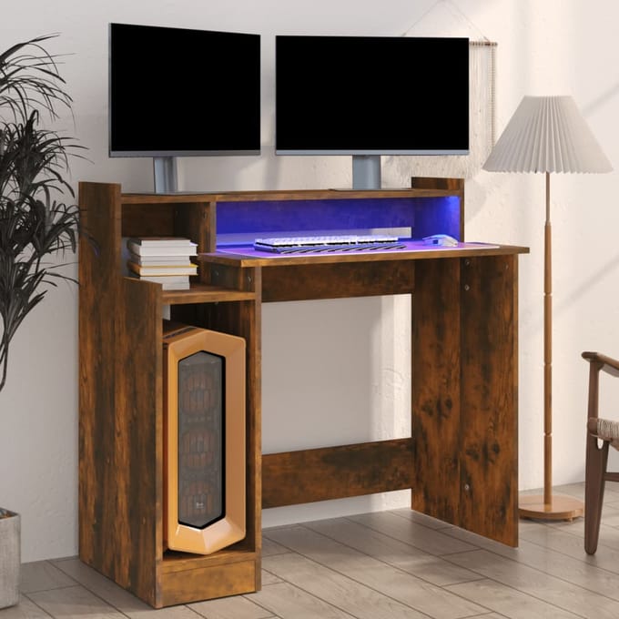 vidaXL - Bureau - met - LED-verlichting - 97x45x90 - cm - hout - gerookt - eikenkleur