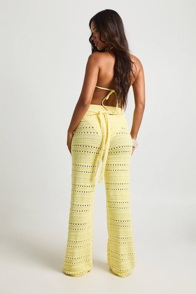boohoo Dames Gehaakte Haltertop En Wijde Broek Coordinerende Set | Boter | Maat: Medium