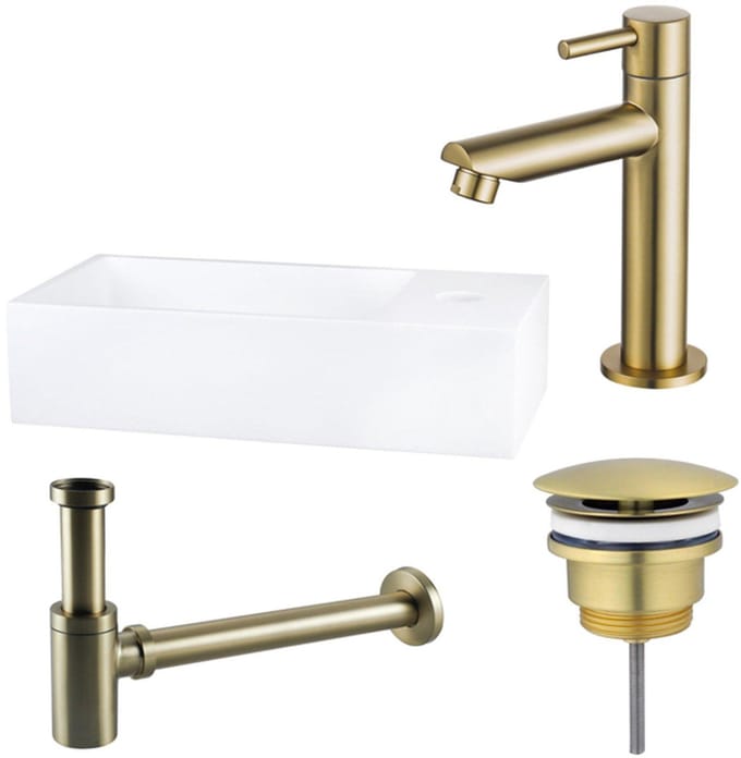 FugaFlow Eccelente Arredo fonteinset - 36x18.5x9cm - 1 kraangat - solid surface - fonteinkraan messing geborsteld - mat wit -