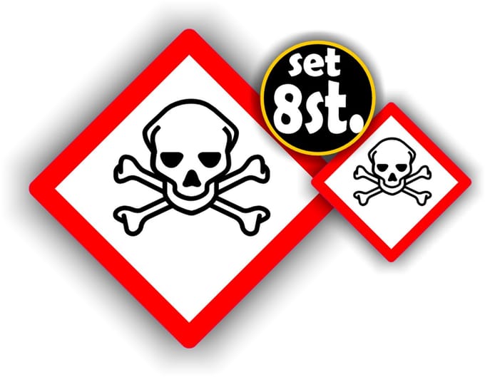 Jerma - Schedel - giftige stoffen - sticker - set - 4x 10cm - 4x 5cm breed - ISO norm - Weerbestendig