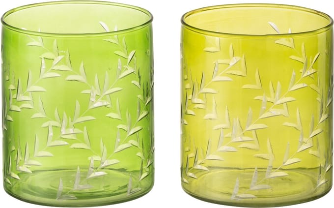 J-Line theelichthouder Bladeren - glas - groen - large - 2 stuks