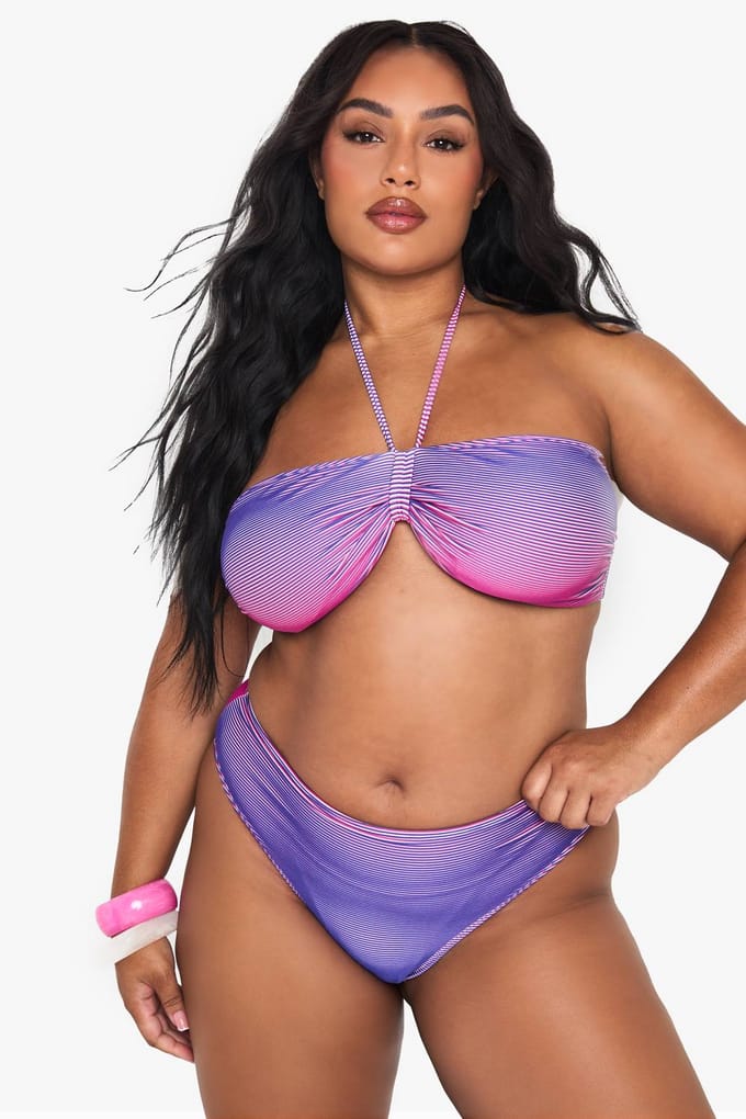 boohoo Dames PLUS TEXTURED STRIPE BANDEAU BIKINI | Violet | Maat: 52