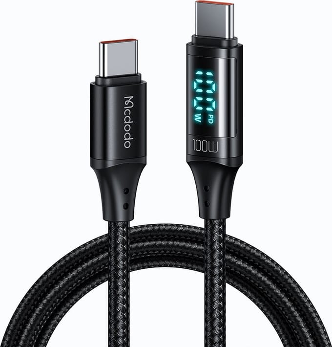 USB-C - USB-C Data- en Oplaadkabel McDodo CA-1100 Display, 100W, 1.2m, Zwart
