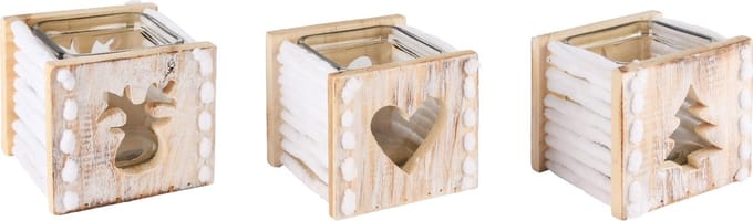 Dekoratief | Theelichthouder m/hartje/boompje/rendier, hout, 10x10x10cm, set van 3 stuks | A245366