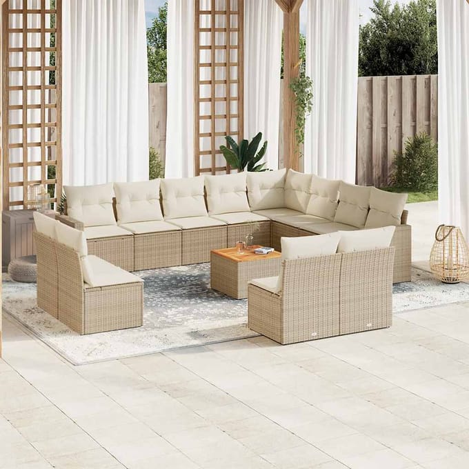 vidaXL - 13-delige - Loungeset - met - kussens - poly - rattan - beige