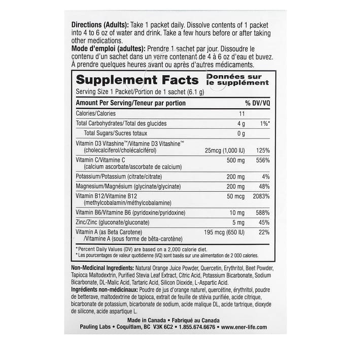 Ener-C, Ener-D, Vitamine D3, Boisson Effervescente Hydratante, Sans Sucre, Orange, 1 000 mg, Pack de 24