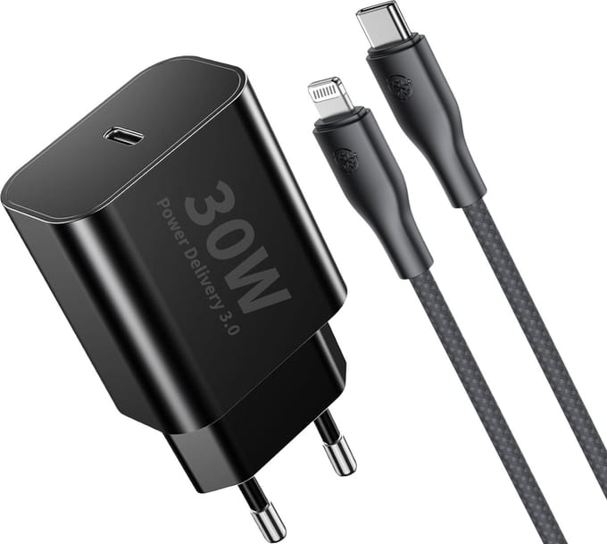 30w Oplader usb C + Oplaadkabel geschikt voor iPhone 14 / iPhone 13 / iPhone 12 - Lightning naar usb-C - 2 Meter - Snellader geschikt voor iPhone / iPad