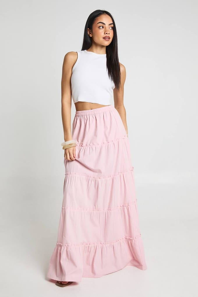 boohoo Dames Gelaagde Katoenen Popeline Maxi Rok | Roze | Maat: 34