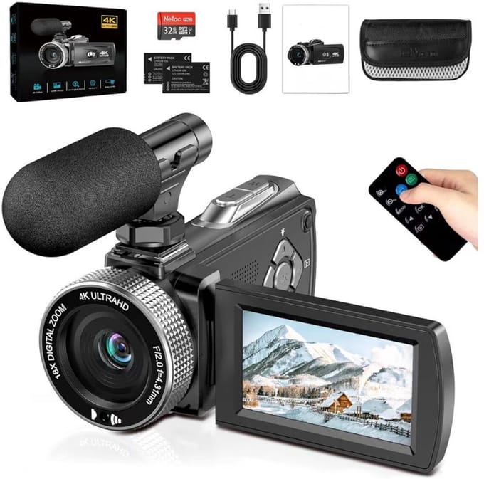 BIXc® - 4K Video Camera 48MP with 18X Digital Zoom - Vlog Camera for YouTube - LED Fill Light - Video Camera
