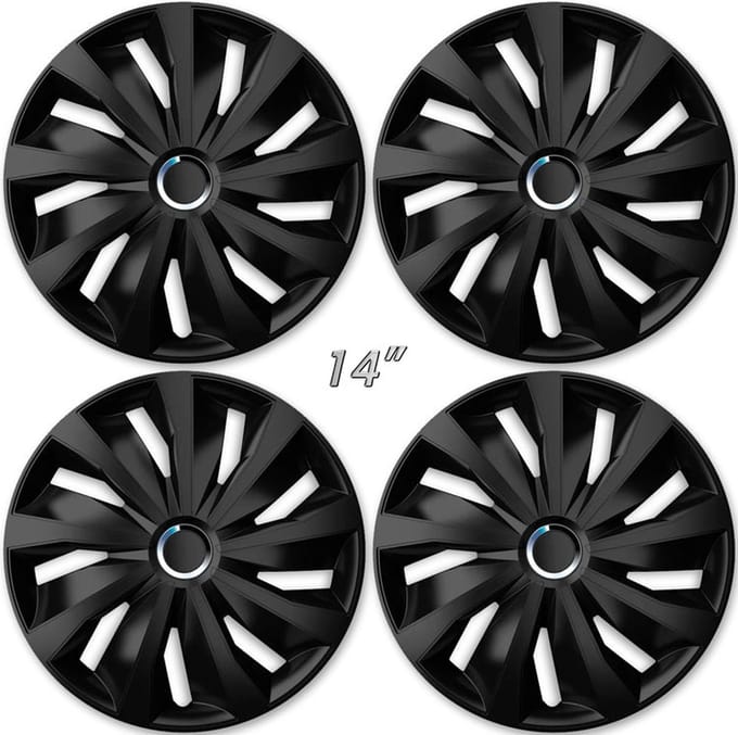 Wieldoppen GRIP BLACK 14 inch mat zwart + chroom ring set a 4 stuks in doos (a.u.b. tekst lezen!)