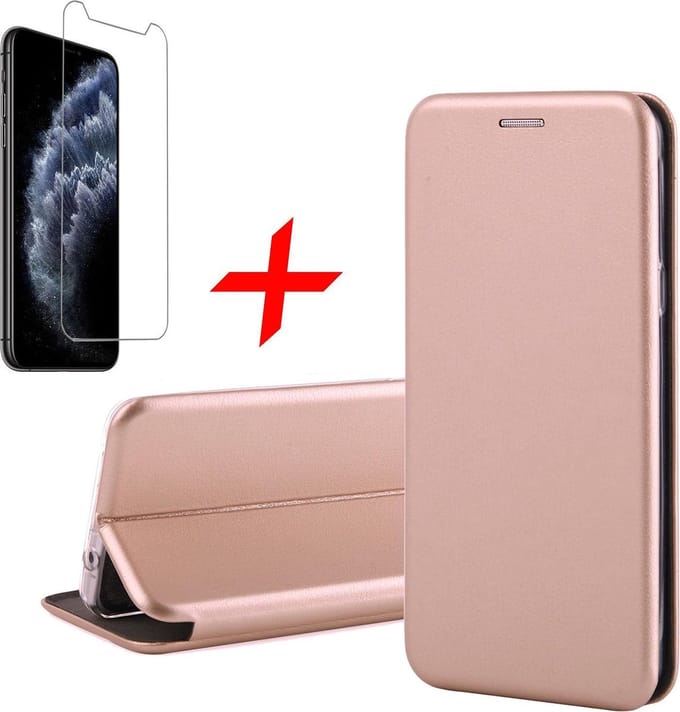 Hoesje geschikt voor iPhone 11 Pro Max - Screen Protector GlassGuard - Book Case Kunstleer ThinShield Roségoud & Screenprotector