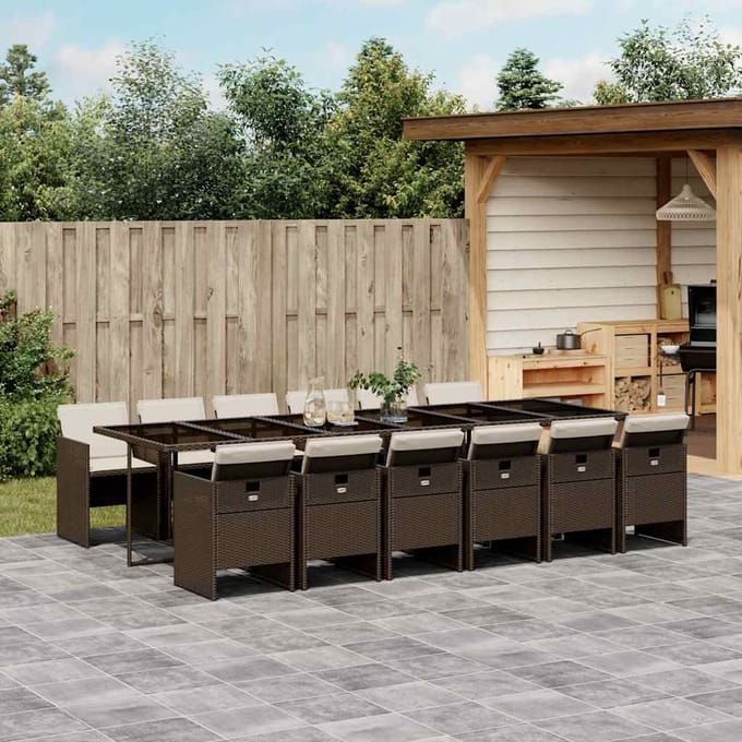 vidaXL - 13-delige - Tuinset - met - kussens - poly - rattan - bruin