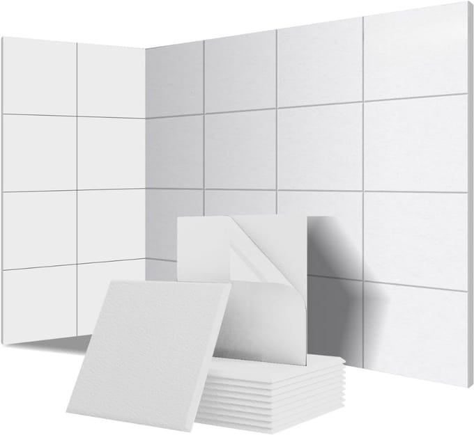 Famanu - 18 vierkante zelfklevende akoestische panelen polyester geluidsisolatie wit