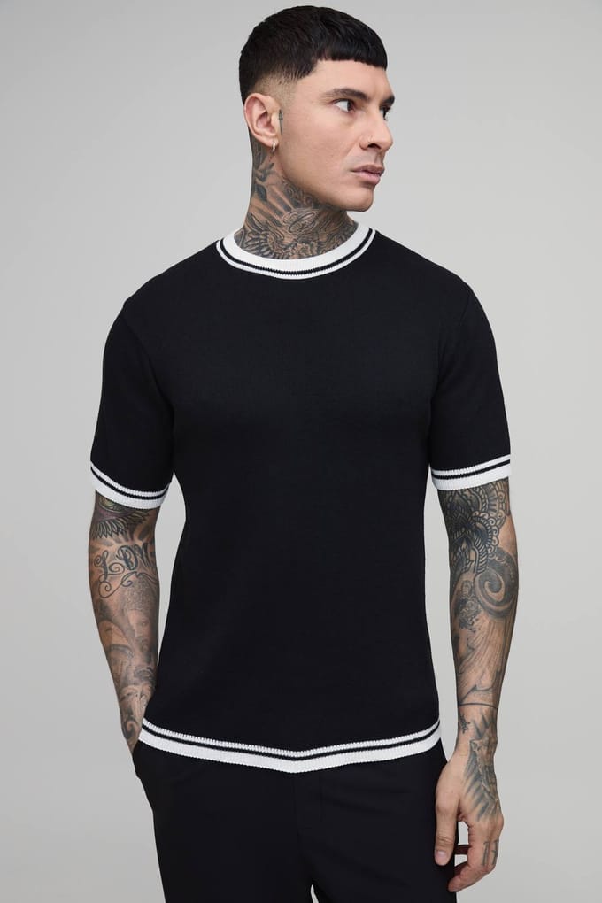 Lang Getailleerd Gebreid T-shirt Van Katoenmix Met Getipt Detail | Black | Size Small