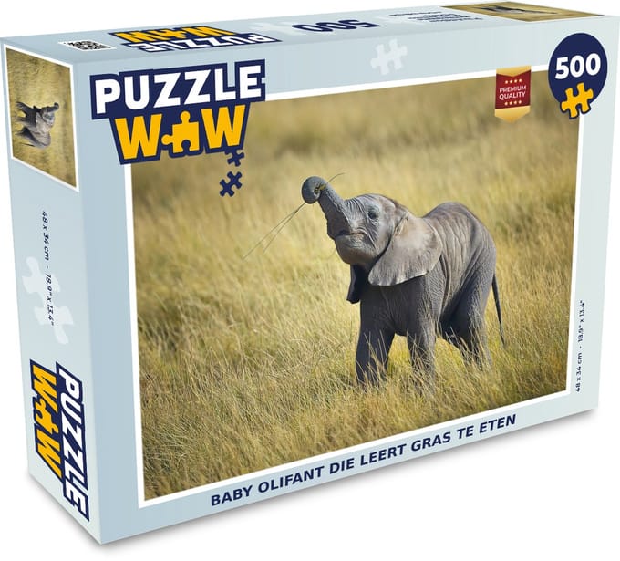 Puzzel Baby olifant die leert gras te eten - Legpuzzel - Puzzel 500 stukjes