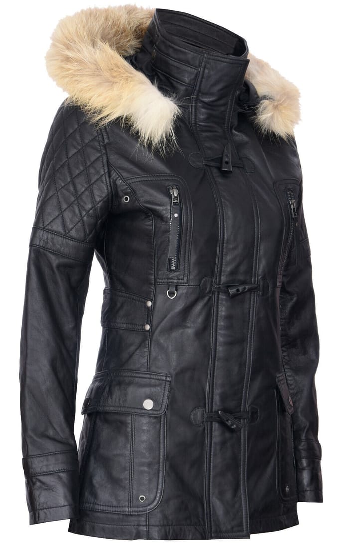 Dames gewatteerde leren parka met capuchon-Northampton