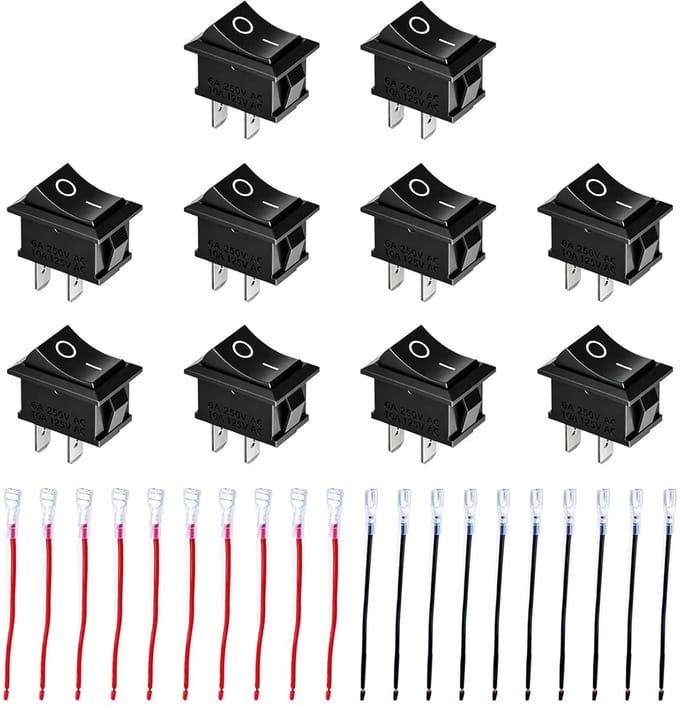 10x Mini Tuimelschakelaar SPST 2-polig KCD1 met Voorbedrade Kabel Schroefverbinding