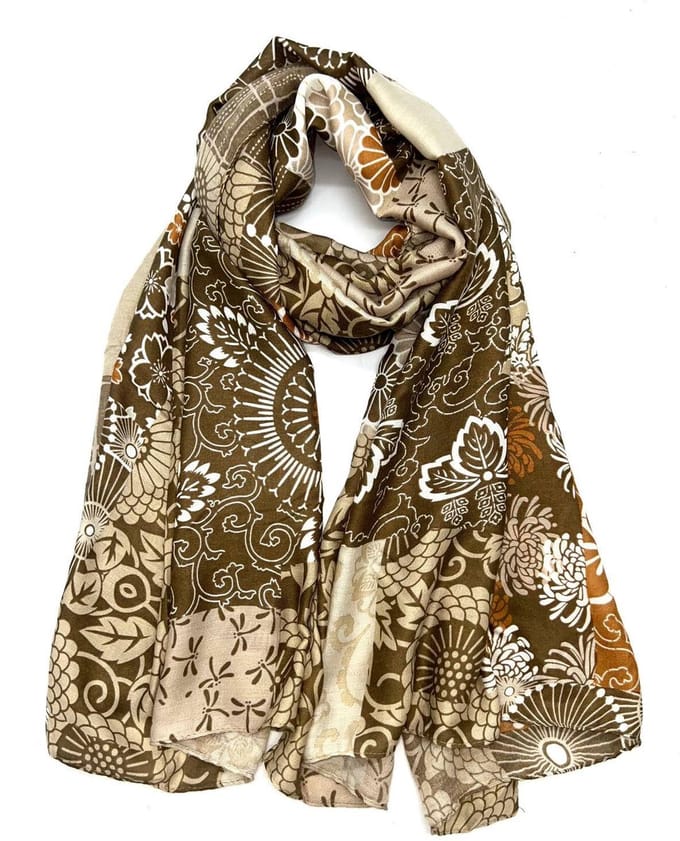 Lange dames sjaal Elise gebloemd motief beige wit bruin licht chocolade tanny