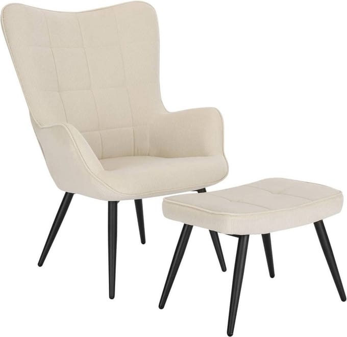 Bolt Edge Fauteuil - Beige Corduroy - Met Hocker - Armleuning - Woonkamer