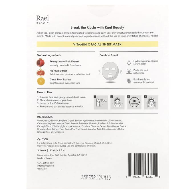 Rael, Vitamine C, Masque Beauté Visage Éclaircissant + Éclat, 5 feuilles, 25 ml (0,84 fl oz) chaque beige
