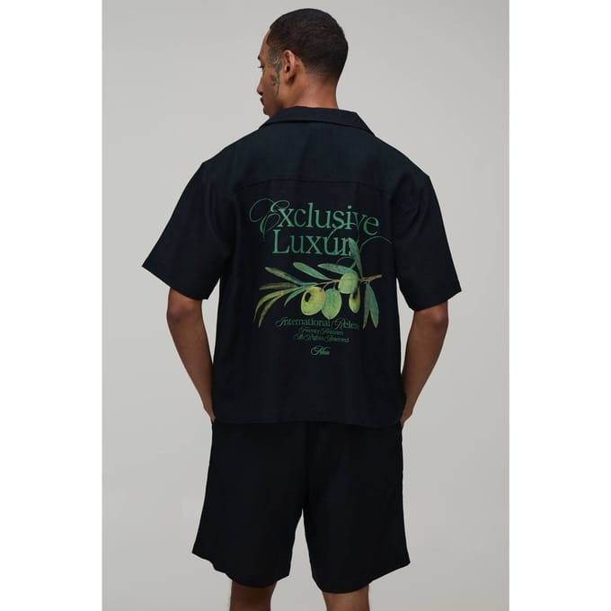 Oversized Linnen Blend Shirt & Short Set Met Rugprint | Black | Size Large