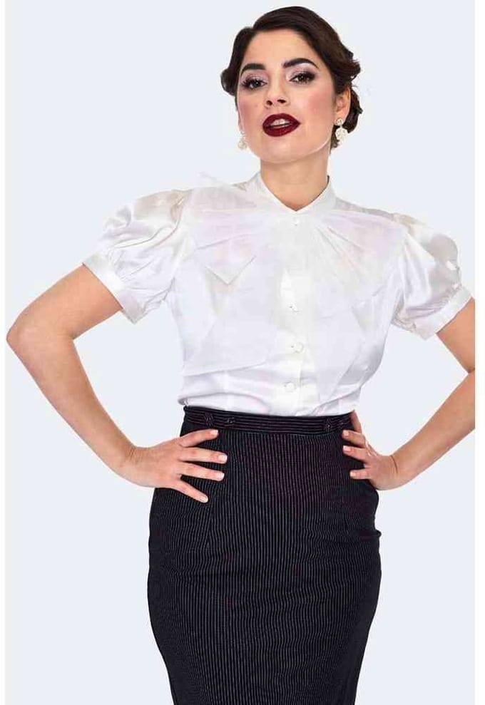 Voodoo Vixen - Satin With Organza Bow Blouse - M - Wit