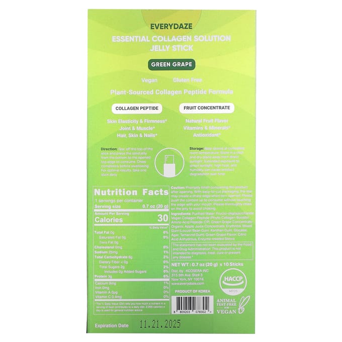 Everydaze, bâtonnets de gelée Essential Collagen Solution, raisin vert, 3 000 mg, 10 pièces, 20 g (0,7 oz) chaque