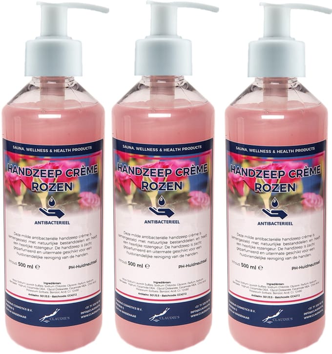 Handzeep Crème Rozen 500 ml - set van 3 stuks - met gratis pomp - Voordeelverpakking