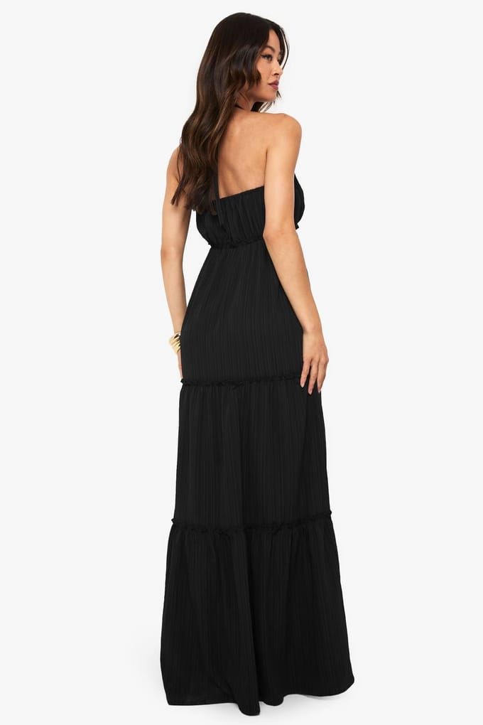 boohoo Dames Lange getextureerde gerimpelde bandjes gelaagde maxi-jurk | Zwart | Maat: 34