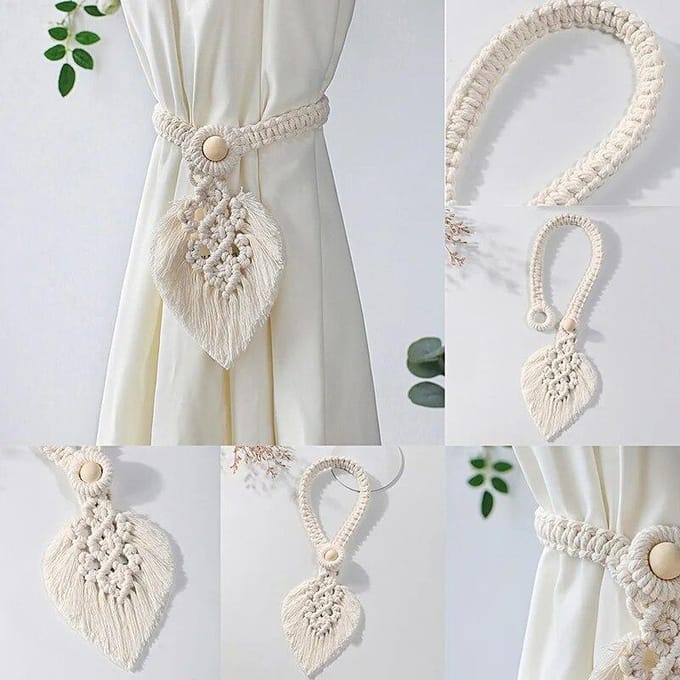 Embrasses de rideaux en macramé faites à la main, 1 pièce, support tressé en forme de feuille, pompon, décoration de maison bohème gris