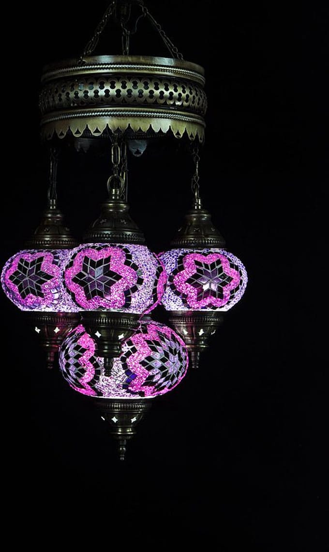Turkse hanglamp mozaïek glas paars - 4 bollen - hoogte 80 cm - E-14 fitting