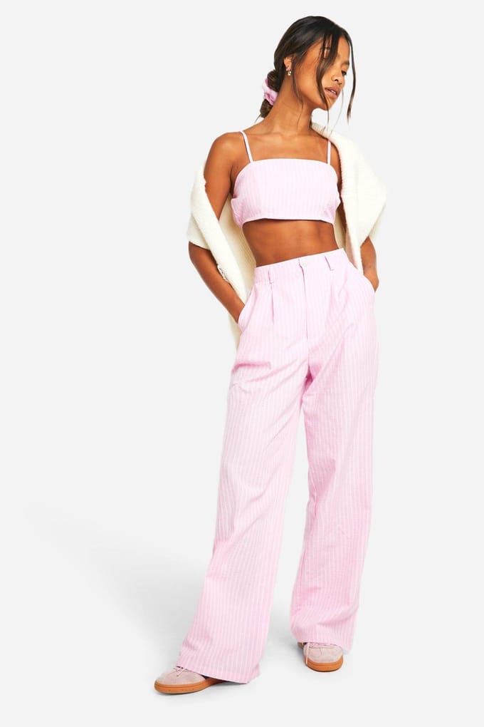 boohoo Dames Gestreepte Bralette en Bijpassende Haar Scrunchie Set | Baby Roze | Maat: 42