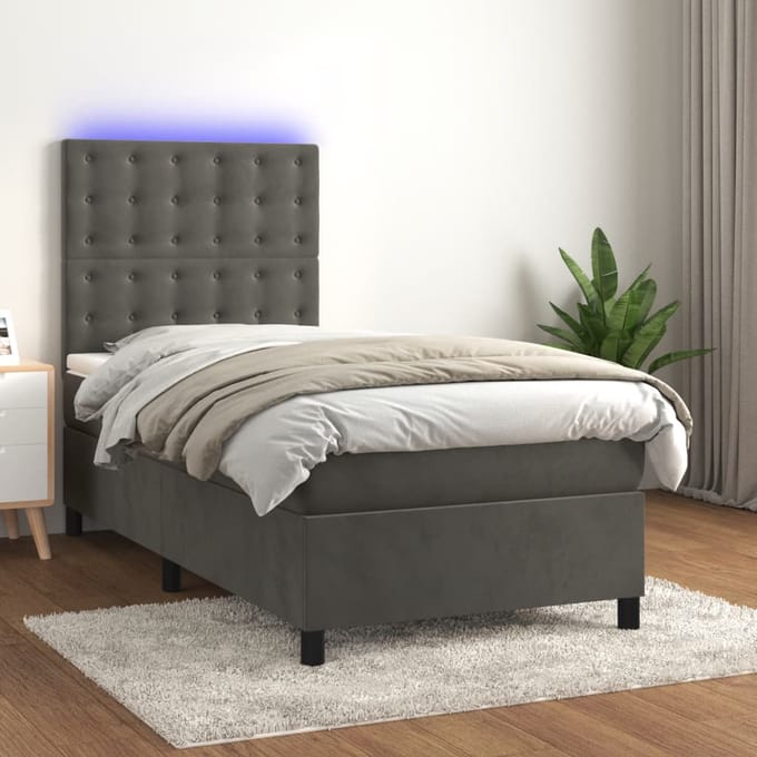 vidaXL - Boxspring - met - matras - en - LED - fluweel - donkergrijs - 100x200 - cm