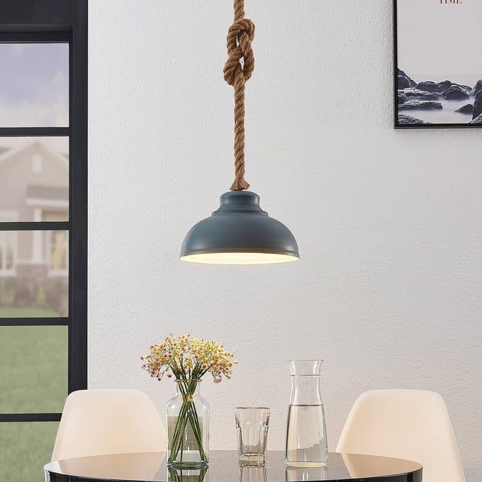 Lindby - hanglamp - 1licht - Metaal, touw - H: 16 cm - E27 - beton