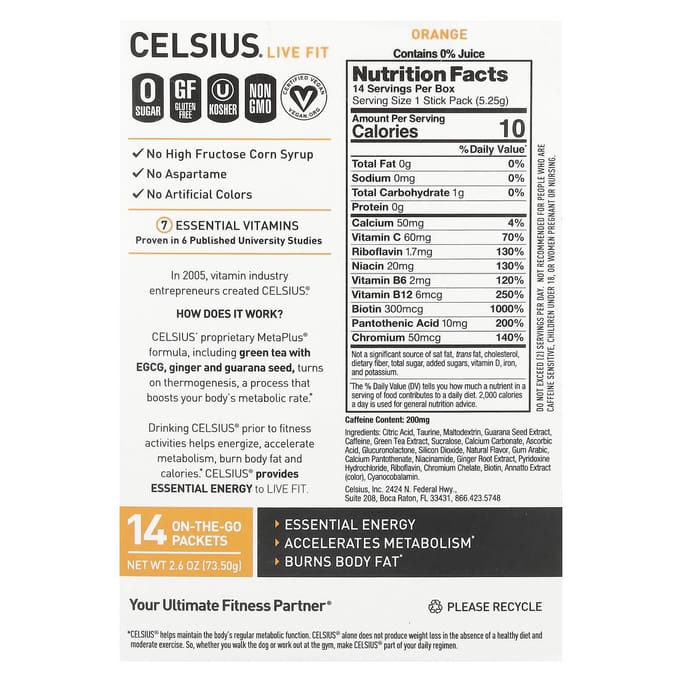 Celsius, Live Fit, Sinaasappel, draagbare 14 pakjes, 0,19 oz (5.25 g) elk