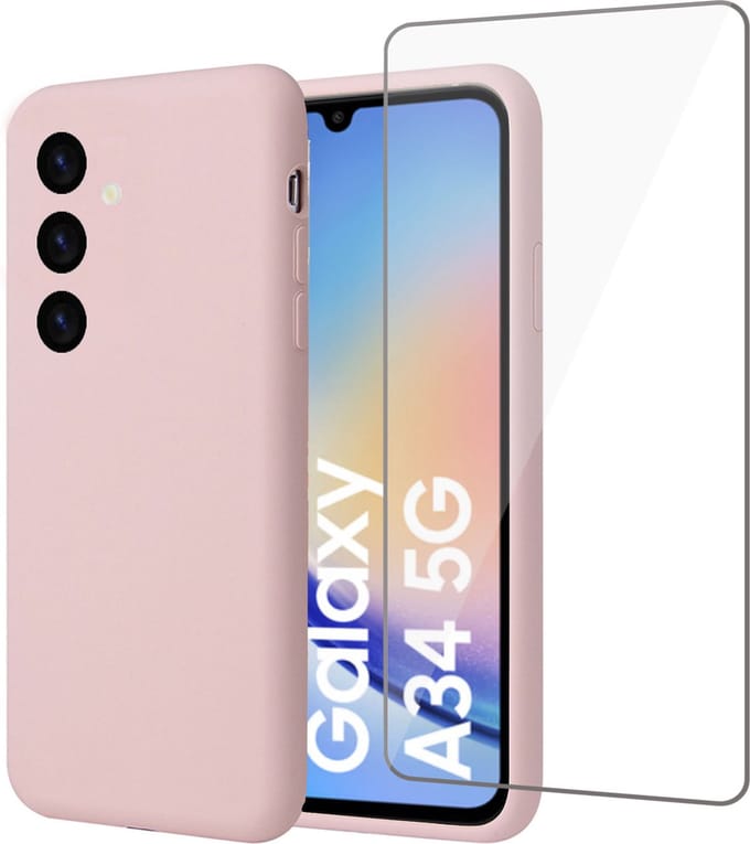 Geschikt voor Samsung A34 Hoesje + Screenprotector – Gehard Glas Cover - Suède Case Rose