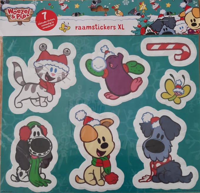 7 Kerst Raamstickers Woezel en Pip - 7 statische stickers Kerstmis
