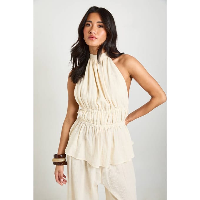 boohoo Dames Kaaslinnen Top Met Gerimpelde Peplum | Ecru | Maat: 34