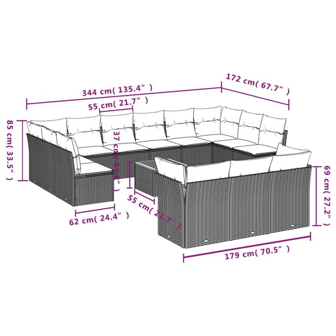 vidaXL - 14-delige - Loungeset - met - kussens - poly - rattan - grijs