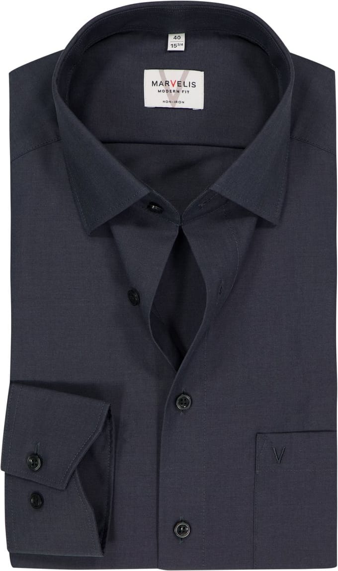 MARVELIS modern fit overhemd - antraciet grijs - Strijkvrij - Boordmaat: 40