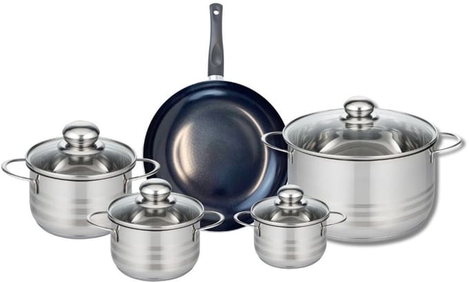 Set van 1 Koekenpan 24 cm en 4 kookpotten 12, 14, 16 en 24 cm Elo Prima Glanzend